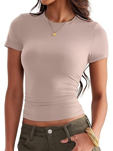 Ovanviso Womens Double Lined Tops Crewneck Short Sleeve Tees Basic Slim Fit T Shirts Y2K Summer Clothes 2026 thumbnail 2