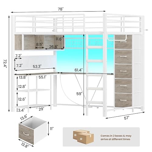 VIAGDO Loft Bed Full Size with L-Shaped Desk and 5 Storage Drawers, Full Size Loft Bed with Charging Station and LED Lights, Metal Loft Bed with Safety Guardrail & Ladder, Space-Saving (White) thumbnail 2