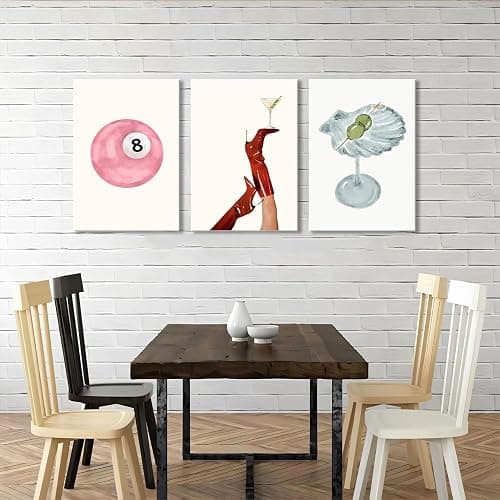 Framed Funky Martini Posters Wall Art Set of 3, Vintage Preppy Aesthetic Canvas Prints, Trendy Pink Number 8 Y2K Girl Room Wall Decor Paintings for Dorm Living Room Dining Room Kitchen 12x16 Inch thumbnail 9