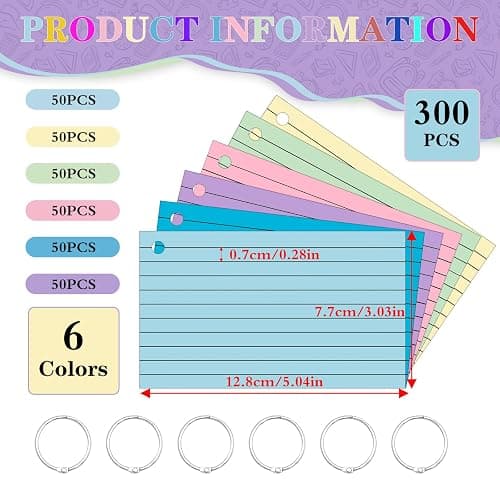 Flash Cards 300 PCS Revision Cards 3x5 Inch Kraft Paper Notecards with 6 Metal Binder Ring Multicolor Double Sided Flshcards for Office Home School Learning Record thumbnail 5