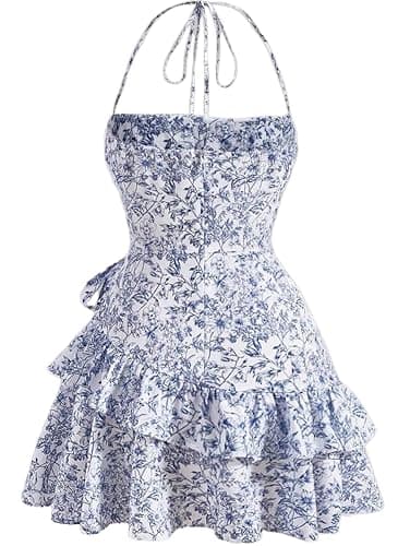 Narecte Summer Dresses for Women,Tie Halter Mini Dress,Floral Print Short Dress,Ruffle Trim Casual Dresses thumbnail 4