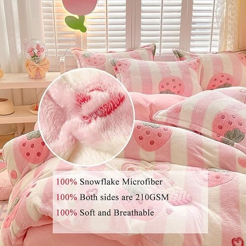 OranFran Pink Strawberry Kids Duvet Cover Set Cute Kawaii Bedding Set Twin Size Snowflake Fluffy Comforter Cover Blanket Soft Reversible Duvet Cover Room Decor (Strawberry,Twin) thumbnail 3