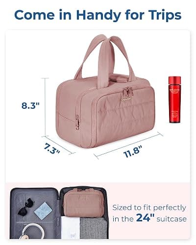 BAGSMART Travel Toiletry Bag, Lightweight Large Wide-open Travel Bag for Women, Puffy Cosmetic Makeup Bag Organizer with Handle for Accessories,Essentials, Toiletries, Dark Pink thumbnail 2