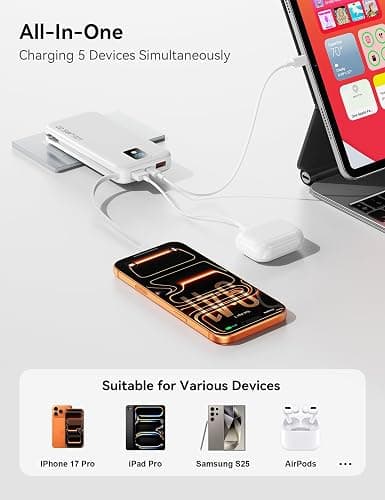 Rngsnoy Portable Charger 12000mAh 22.5W w/Built-in Cable & Wall Plug White | 22.5W fast charging, LED display, Charging 5 devices at once, Pass through charging, TSA approved, Compatible with iPhone thumbnail 7