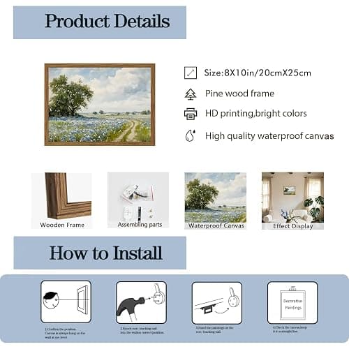 Framed Vintage Canvas Wall Art, Country Landscape Wildflower Field Wall Decor Paintings, Rustic Nature Pictures Prints Home Decor for Living Room Bedroom Bathroom Farmhouse 8x10 inch thumbnail 5