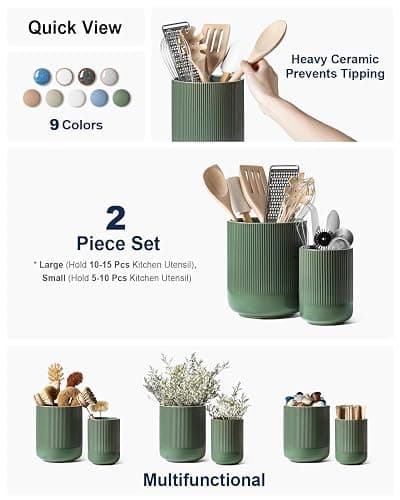 LE TAUCI Utensil Holder, 7.3"+5.4" Ceramic Kitchen Utensil Holder for Countertop, Large Cooking Utensil Crocks for Kitchen Counter, Modern Utensil Organizer for Spatula, Set of 2, Forest Green thumbnail 4