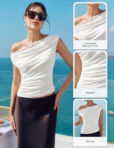 Kate Kasin Women's Lace Tops Summer Sleeveless Ruched Blouse Shirt Elegant Cowl Neck One-Shoulder Off Shoulder Sexy Tank Vest thumbnail 4
