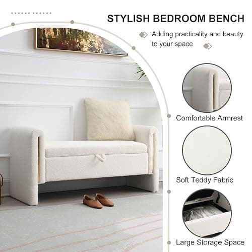 NIOIIKIT 52" Storage Ottoman Bench, Teddy Upholstered Storage Bench with Armrest, Entryway Bench with Pull-Ring, End of Bed Bench with Padded Cushion, Window Bench for Living Room (Beige) thumbnail 4