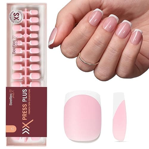Beetles X Press Plus French Tip Nails - Peach French | Pink Extra Short Square Press On Nails | 15 Sizes 210 Pcs Natural Salon Quality Gel Nail Tips - Image 1