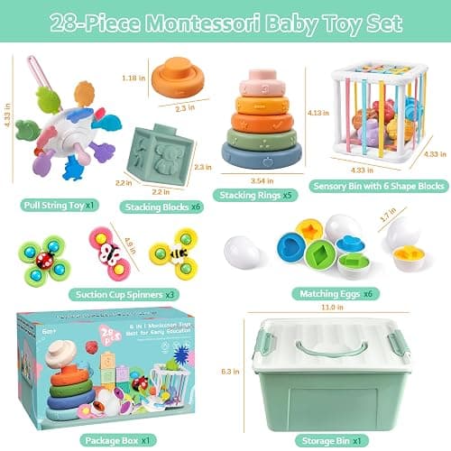 Plunack Montessori Baby Toys 6 in 1 Sensory Developmental Learning Set | Stacking Blocks, Rings, Pull String, Suction Cup Spinner, Matching Eggs & Sensory Bin, BPA-Free, Infant Developmental Skills thumbnail 3
