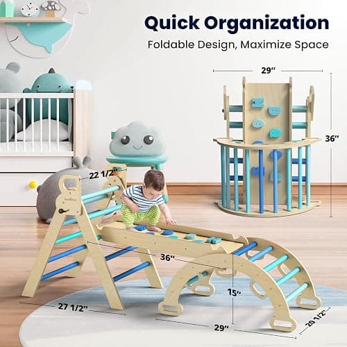 BlueWood Pikler Triangle Set, 7-in-1 Foldable Wooden Toddler Climbing Toys Indoor Playground Jungle Gym Montessori Philosophy Climber for 2-6 Years Old, Baby, Kids (Sky Blue) thumbnail 2