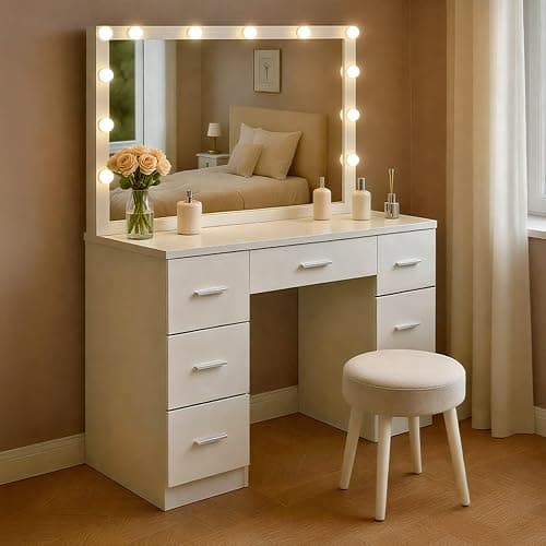 CLP Coiffeuse avec éclairage et Miroir 110x55 cm Ginny, Miroir Hollywood à LED dimmable avec 3 Couleurs de lumière, avec tiroirs, Couleur:Blanc thumbnail 5