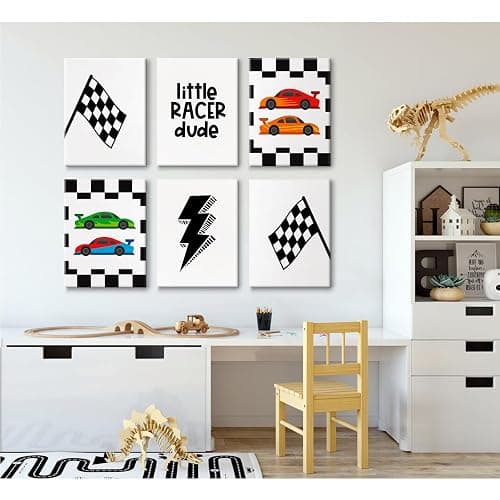 Race Car Wall Art Pictures Boys Room Wall Decor Nursery Toddler Canvas Wall Art Kids Playroom Art Prints Boys Race Car Poster Nursery Artwork Set of 6 for Bedroom 8x10 Inch Framed thumbnail 5