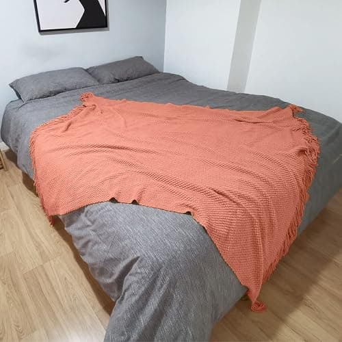 LOMAO Knitted Throw Blanket with Tassels Bubble Textured Lightweight Throws for Couch Cover Home Decor (Coral, 60x80) thumbnail 6