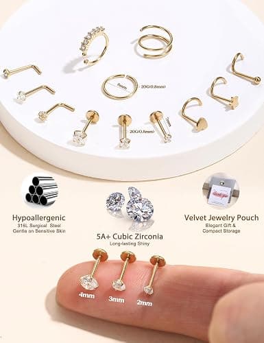 JeryWe Nose Rings for Women - 14K Gold Filled Hypoallergenic Surgical Steel Nose Ring Hoops CZ Lip Ring Screw L Shaped Studs Threadless Flat Back Stud Nose Piercings Jewelry for Women Men thumbnail 3