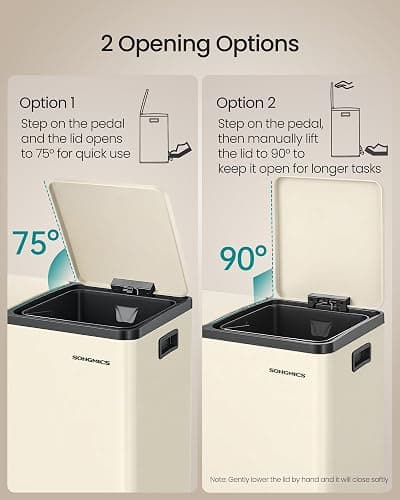 SONGMICS Trash Can, 2 x 8 Gallon (2 x 30 L) Double Compartment Garbage Can for Recycling, Stainless Steel, with 15 Liner Bags, Soft-Close Lids, Removable Buckets, Pedals, Almond ULTB160AZ01 thumbnail 5