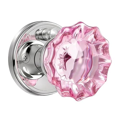 SHINY HANDLES Pink Glass Door Knobs Interior with Lock, Crystal Door Knob | Interior Rose Shape Polished Chrome Privacy Door Knob for Bedroom and Bathroom - Image 1