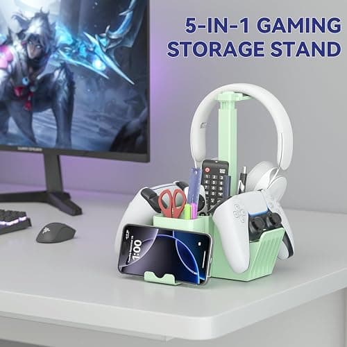 KDD Dual Controller Holder with Headphone Stand - Multi-Functional Desk Storage Box with Phone Holder - Universal Controller Stand with Desktop Organizer for Remote Control Pen Accessories(Green) thumbnail 6
