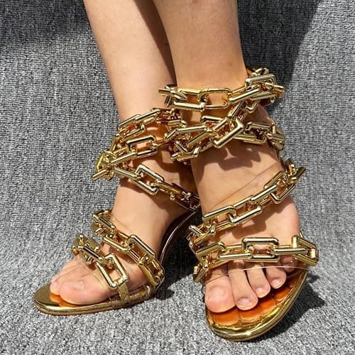 Frankie Hsu Luxury Women's Ankle Leg Lace Up Shinny Gold Link Chain Clear PVC Strappy Stilettos Round Toe High Heeled Mules Sandals thumbnail 6