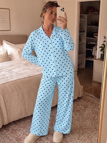 Tankaneo Womens Button Down Pajama Sets Long Sleeve 2 Piece Lounge Sets | Pjs, Polka Dot, Fruit Print, Wide Leg, Loose Fit, Lapel Collar, Night Suit, Cute Sleepwear thumbnail 7