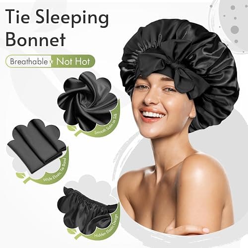 BONNET QUEEN Silk Bonnet for Sleeping Women Satin Bonnet Night Sleep Cap Hair Wrap for All Hair with Adjustable Tie Band,Black thumbnail 3