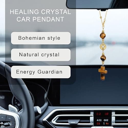 Cross Crystal Hanging Car Charm,Cute Healing Stones Car Decor for Rear View Mirror Boho Handmade Sun Catcher Ornament Accessories Tiger Eye Crystal Protection for Women thumbnail 4