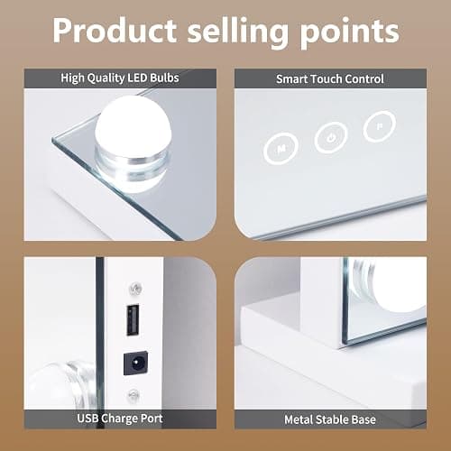 NUSVAN Vanity Mirror with Lights Lighted Makeup Mirror with Dimmable LED Bulbs,3 Color Lighting Modes,USB Charging Port Touch Control,Sturdy Metal Frame Design,White (50x40cm, 4.70) thumbnail 7