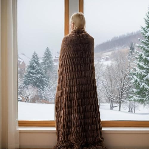 BATTILO HOME Rust Brown Faux Fur Throw Blanket for Bed, Large Double Side Reversible Ruched Rabbit Fur Blanket for Couch, Living Room, Soft Warm Mink Cozy Blanket, 60x80 Inch thumbnail 5