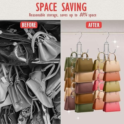 Purse Organizer for Closet, Upgraded Purse Hanger with 10 Big Hooks, 360 Degree Rotation for Better Organizer&Display, Collapsible Space Saving Hangers Rack for Handbag, Belt, Scarve, Tie thumbnail 5