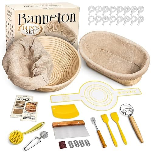 BAVIFY Sourdough Starter Kit, 9" Round & 10" Oval Banneton Bread Proofing Baskets Set, Sourdough Bread Baking Supplies Making Tools with Dough Scraper, Whisk, Bread Lame, Silicone Sling, Recipe - Image 1
