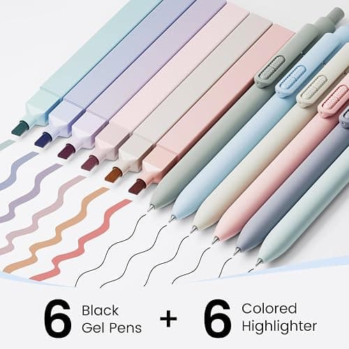 JIMMIDDA- 12 Pack Gel Pens, 0.7mm Black Ink Fine Point Smooth Writing with Aesthetic Highlighters, Quick-dry Long-lasting Pens Set for Journaling School Office Supplies(6 Pens + 6 Highlighters) thumbnail 2
