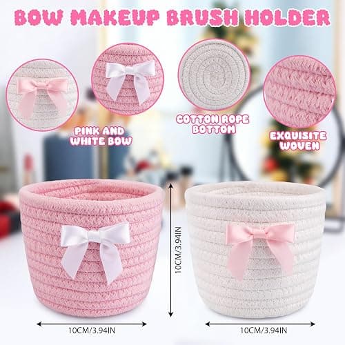 Hkojewp 2 Pack Bow Makeup Brush Holder- Mini Woven Cotton Rope Small Oval Basket with Bow Decor, Comb Brushes Storage Decorative Basket for Pencil Cosmetics Organizer Gift for Women,4 x 4 IN thumbnail 3