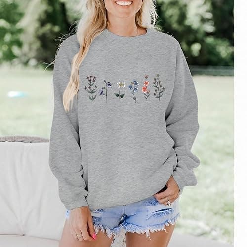 Lytiarul Flower Graphic Sweatshirt for Women Floral Printed Vintage Long Sleeves Shirt Crewneck Hoodie Loose Pullovers Tops thumbnail 3