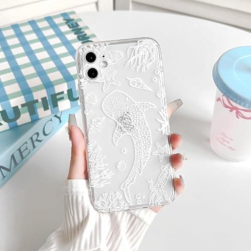 NITITOP Compatible with iPhone 11 Case Clear Cute Shell Whale Sea Ocean Animal Pattern for Women Girls Full Camera Lens Slim Shockproof Protective Phone Cover - White Fish thumbnail 4