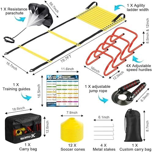 X-UMEUS Agility Ladder Speed Training Equipment Set-20ft Agility Ladder,12 Soccer Cones,4 Hurdles, Jump Rope, Running Parachute| Basketball Football Soccer Training Equipment for Kids Youth Adults thumbnail 2