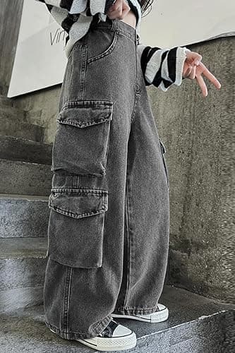 AOWKULAE Girls Jeans Elastic Waist Wide Leg Pants Kids Jeans 4-14 Years - 8-9 Years - B1-gray thumbnail 4