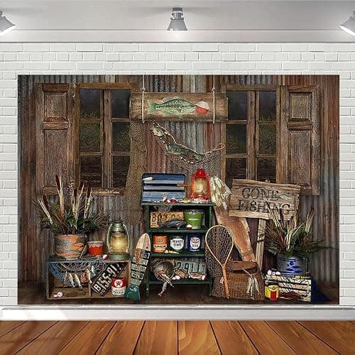 Rustic Wood Gone Fishing Photography Backdrop Fisherman Fishing Gear Background Fish Theme Party Birthday Party Decoration Child Portrait Photo Studio Props (7X5FT) thumbnail 3