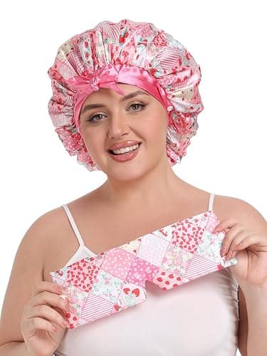 Vettres Double Layer Satin Hair Bonnet with Eye Mask Silk Sleep Cap with Tie Head Wrap for Curly Natural Hair Pink Strawberry thumbnail 4