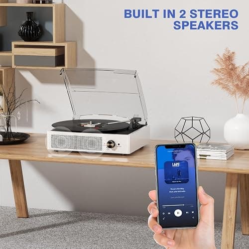 Vinyl Record Player with 2 Stereo Speakers Belt-Driven Vintage Turntables 3 Speed 3 Size Wireless Bluetooth Playback AUX-in RCA Out Headphone LP Vinyl Players Auto Stop Pale Silver thumbnail 6
