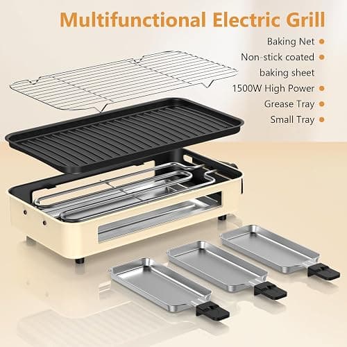 Electric Indoor Grill 1500W -2 in 1 Smokeless Indoor Grill for Kitchen with Non-stick Removable Grill & Griddle Plate,Temperature Control Korean BBQ Grill with 3 Cheese Pans Dishwasher Safe thumbnail 7