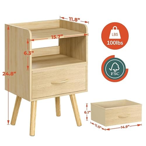 Yoobure Modern Nightstand with Fabric Drawer, Bedside Tables, Mid Century Nightstand with Open Storage Shelf, Wood Bedside Table, Small Night Stands for Bedrooms, 2-Tier Night Table thumbnail 3