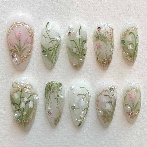 LBPEPAMZ Green Press on Nails Medium Almond Fake Nails with 3D Pearl Rhinestones Designs Gold French Tips Flower Acrylic Nails False Nails White Floral Full Cover Glossy Stick on Nails for Women 24Pcs - Image 1