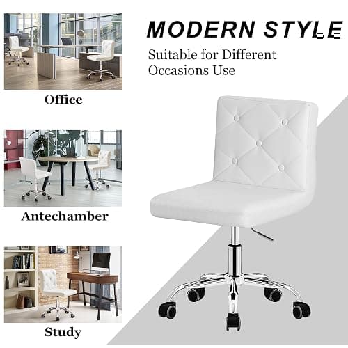 VECELO PU Leather Mid-Back Armless Vanity Chair Adjustable Height 360° Rolling Swivel for Home Office Work, White thumbnail 5
