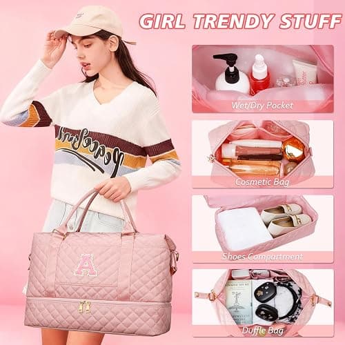 CLOUDWINGS Girl Gift-Women Birthday Gifts-Gifts for Teenage Girls Initial Travel Duffle Bag Quilted Weekender Overnight with Cosmetic Bag, Gym Bag with Shoe Compartment Personalized Bag, Pink A thumbnail 5