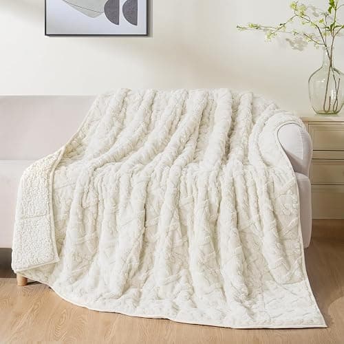 Uttermara Weighted Blanket for Adults Queen Size 15lbs, Dual Sided Soft Jacquard Sherpa Weighted Blankets, Thick Heavy Blanket for Sleeping and Calming, Cream 60x80 inches - Image 1