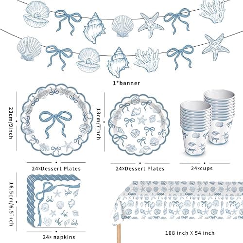 Seashell Party Decorations Ocean Sea shell Party Plates Supplies Blue Bow Seashell Paper Plates Napkins Tablecloth for The Summer I Turned Pretty Party Decorations, Serves 24 thumbnail 3