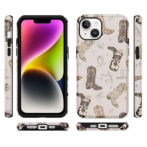 Vulfwela for iPhone 13/iPhone 14 6.1'' Brown Bow Cowgirl Western Phone Case | 2 in 1 Retro Fall Cowboy Star Boot Pattern Aesthetic Boho Case Scratch-Resistant Shockproof Protective Cover for Women Girls thumbnail 5