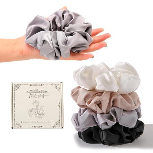 4PCS Large Satin Silk Scrunchies for Women - Big Glossy Scrunchie for Thick Hair Girl Hair Ties Ponytail Holders Jumbo Scrunchies (Black White Silver Champagne) thumbnail 7