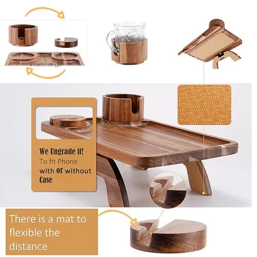 Nnewvante Couch Cup Holder Tray, 3 in 1 Large 15.36"x9.85" Acacia Wood Sofa Arm Clip on Tray Table with 360°Rotated Phone Holder on Armrest thumbnail 7