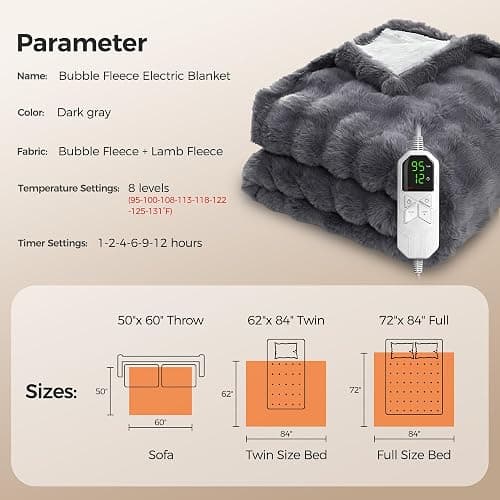 Heated Blanket Throw, Fast Heating Blanket Throw with 1/2/4/6/9/12 Hours Auto-Off 8 Heat Level, 50'' * 60'' Cozy Faux Rabbit Fur Bubble Blanket, Soft Fluffy Warm Blanket(Dark Grey) thumbnail 6